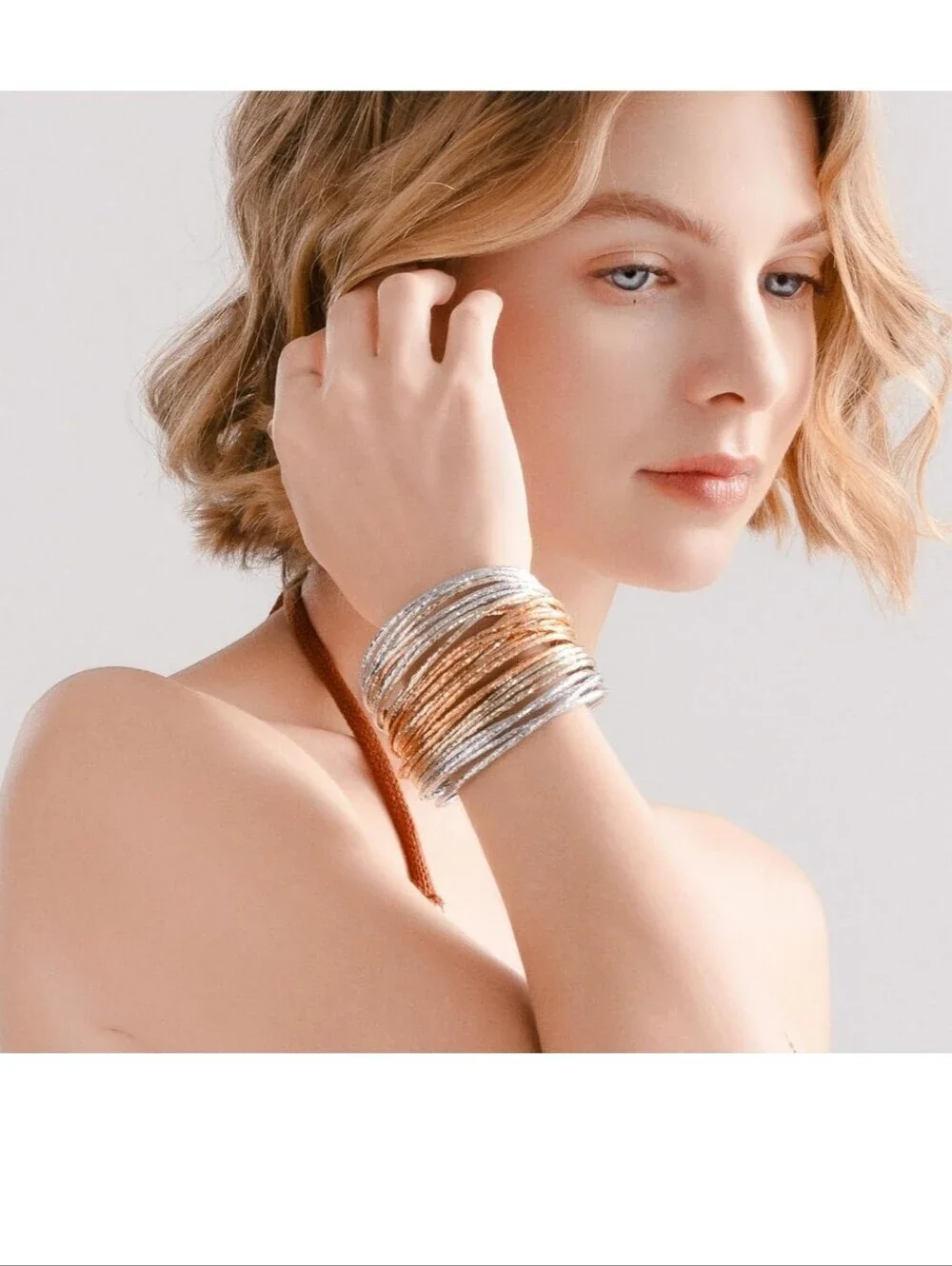 Multi-Row Silver and Gold Bangle Bracelet Stack - Women Jewelry
